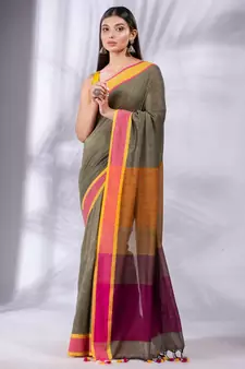 Beige Pure Cotton Woven Design soft Saree with multicolor pallu