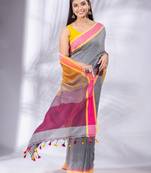 Grey Pure Cotton Woven Design soft Saree with multicolor pallu