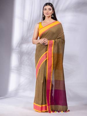 Mustard Pure Cotton Woven Design soft Saree with multicolor pallu 1