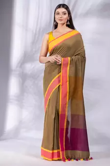 Mustard Pure Cotton Woven Design soft Saree with multicolor pallu