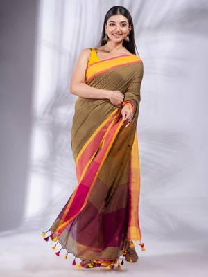 Mustard Pure Cotton Woven Design soft Saree with multicolor pallu 2