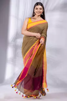 Mustard Pure Cotton Woven Design soft Saree with multicolor pallu