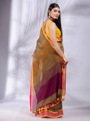 Mustard Pure Cotton Woven Design soft Saree with multicolor pallu 4