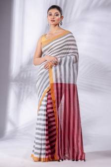 White and Red Half & Half Pure Cotton handwoven soft Saree