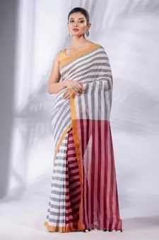 White and Red Half & Half Pure Cotton handwoven soft Saree
