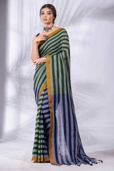 Moss Green and Navy Blue Half & Half Pure Cotton handwoven soft Saree