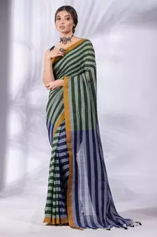 Moss Green and Navy Blue Half & Half Pure Cotton handwoven soft Saree