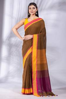 Brown Pure Cotton Woven Design soft Saree with multicolor pallu