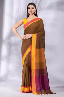 Brown Pure Cotton Woven Design soft Saree with multicolor pallu
