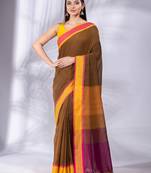 Brown Pure Cotton Woven Design soft Saree with multicolor pallu