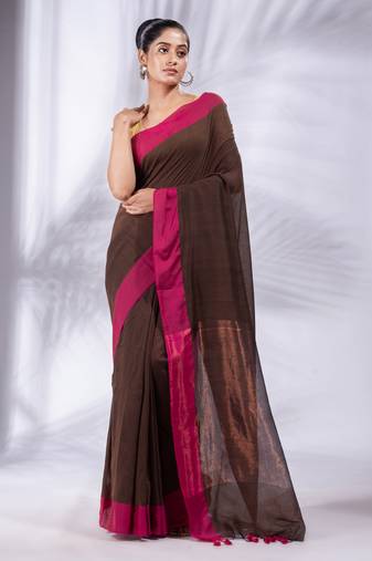 Dark Brown Pure Cotton Woven Design soft Saree with zari pallu