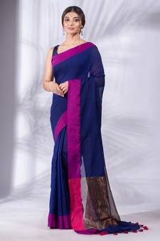 Blue Pure Cotton Woven Design soft Saree with zari pallu
