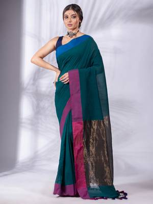 Teal Pure Cotton Woven Design soft Saree with zari pallu 1
