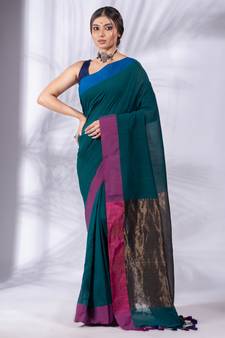 Teal Pure Cotton Woven Design soft Saree with zari pallu