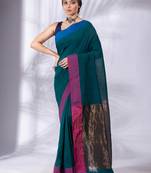 Teal Pure Cotton Woven Design soft Saree with zari pallu