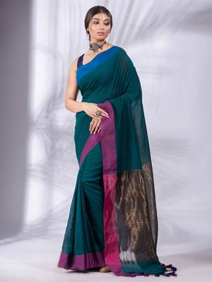 Teal Pure Cotton Woven Design soft Saree with zari pallu 2
