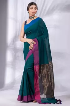 Teal Pure Cotton Woven Design soft Saree with zari pallu