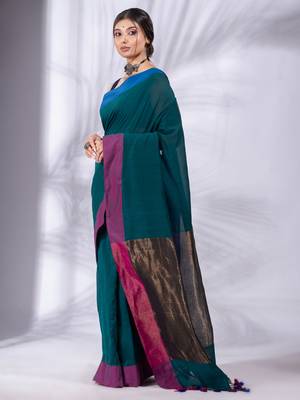 Teal Pure Cotton Woven Design soft Saree with zari pallu 3