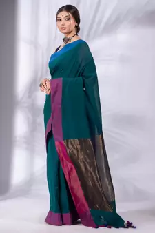 Teal Pure Cotton Woven Design soft Saree with zari pallu