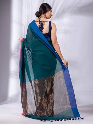Teal Pure Cotton Woven Design soft Saree with zari pallu 4