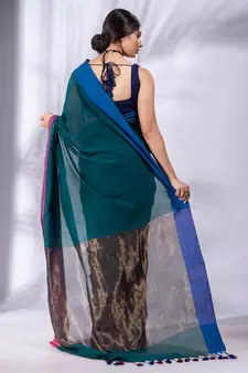 Teal Pure Cotton Woven Design soft Saree with zari pallu