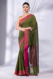 Green Pure Cotton Woven Design soft Saree with zari pallu