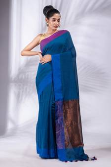 Blue Pure Cotton Woven Design soft Saree with zari pallu