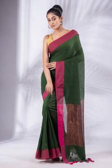 Bottol Green Pure Cotton Woven Design soft Saree with zari pallu