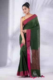 Bottol Green Pure Cotton Woven Design soft Saree with zari pallu