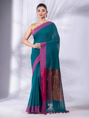 Teal Pure Cotton Woven Design soft Saree with zari pallu 1