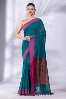 Teal Pure Cotton Woven Design soft Saree with zari pallu