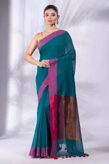 Teal Pure Cotton Woven Design soft Saree with zari pallu