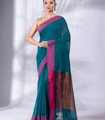 Teal Pure Cotton Woven Design soft Saree with zari pallu