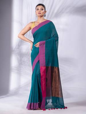 Teal Pure Cotton Woven Design soft Saree with zari pallu 2