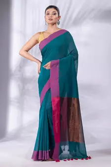 Teal Pure Cotton Woven Design soft Saree with zari pallu
