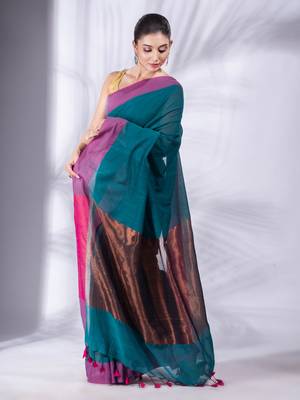 Teal Pure Cotton Woven Design soft Saree with zari pallu 3