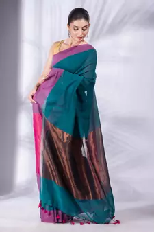 Teal Pure Cotton Woven Design soft Saree with zari pallu