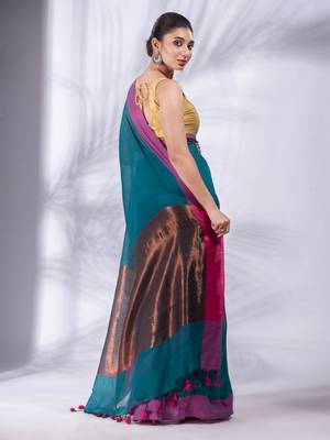 Teal Pure Cotton Woven Design soft Saree with zari pallu 4