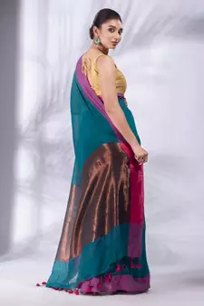 Teal Pure Cotton Woven Design soft Saree with zari pallu