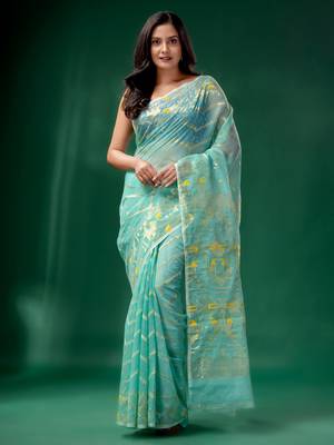 Teal Cotton Silk Handwoven Soft Jamdani Saree Without Blouse 1