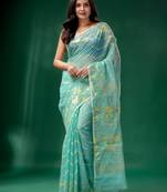 Teal Cotton Silk Handwoven Soft Jamdani Saree Without Blouse
