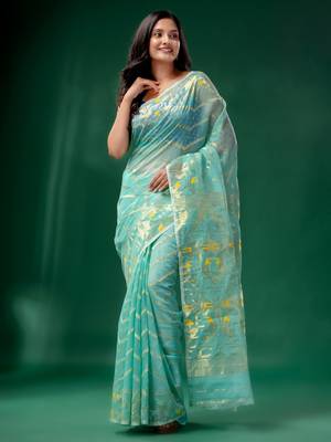 Teal Cotton Silk Handwoven Soft Jamdani Saree Without Blouse 2