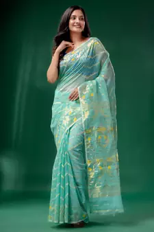 Teal Cotton Silk Handwoven Soft Jamdani Saree Without Blouse
