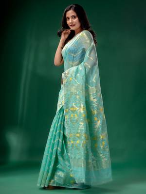 Teal Cotton Silk Handwoven Soft Jamdani Saree Without Blouse 3