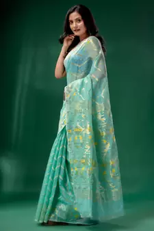 Teal Cotton Silk Handwoven Soft Jamdani Saree Without Blouse