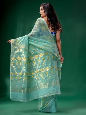 Teal Cotton Silk Handwoven Soft Jamdani Saree Without Blouse 4