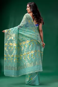Teal Cotton Silk Handwoven Soft Jamdani Saree Without Blouse