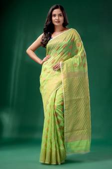 Green Cotton Silk Handwoven Soft Jamdani Saree Without Blouse