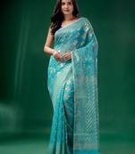 Sky Blue Cotton Silk handwoven soft Jamdani saree