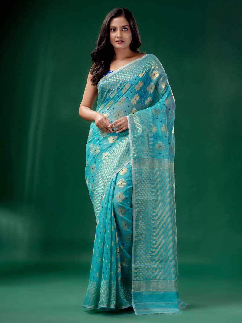 Sky Blue Cotton Silk handwoven soft Jamdani saree
